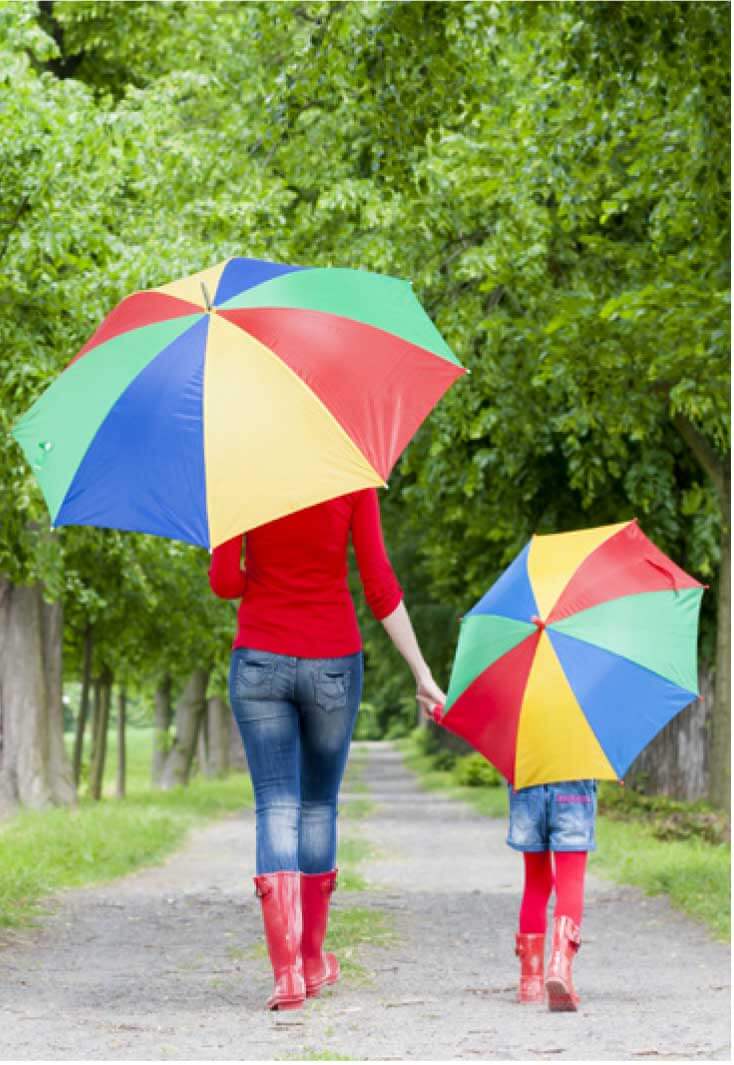 Mère et sa fille qui marchent avec des parapluies multicouleurs et des bottes rouges