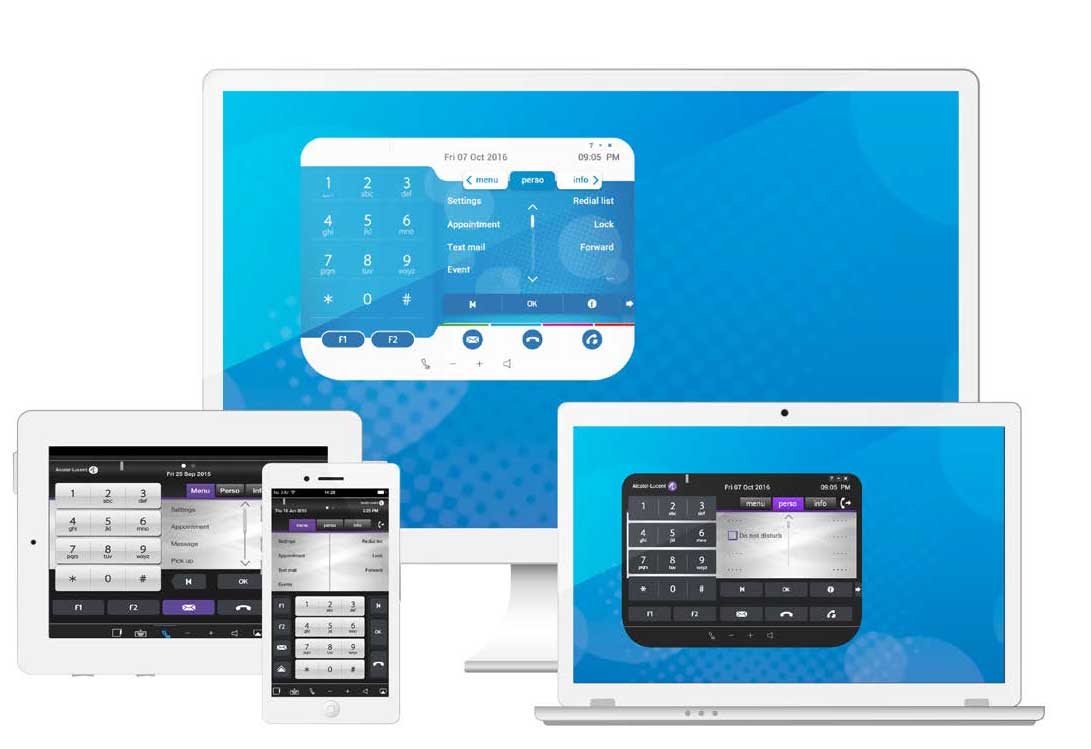Plusieurs écrans qui présente l'application Alcatel-Lucent IP Desktop Softphone